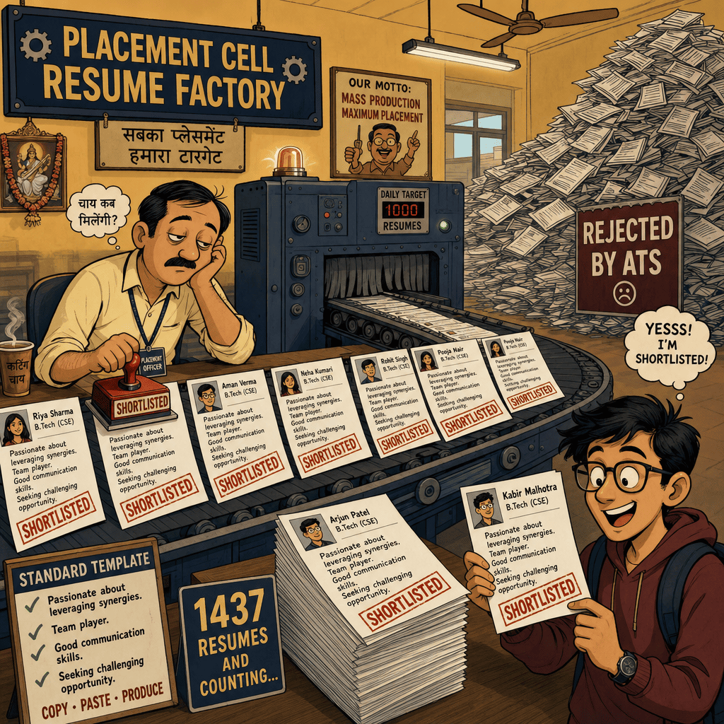 Indian placement cell cartoon: conveyor belt producing hundreds of identical student resumes, all stamped Approved and rejected by ATS