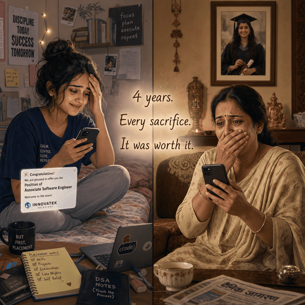 Split-panel illustration of a female Indian student calling her parent after receiving a placement offer, both emotional but understated, four years of sacrifice implied between them