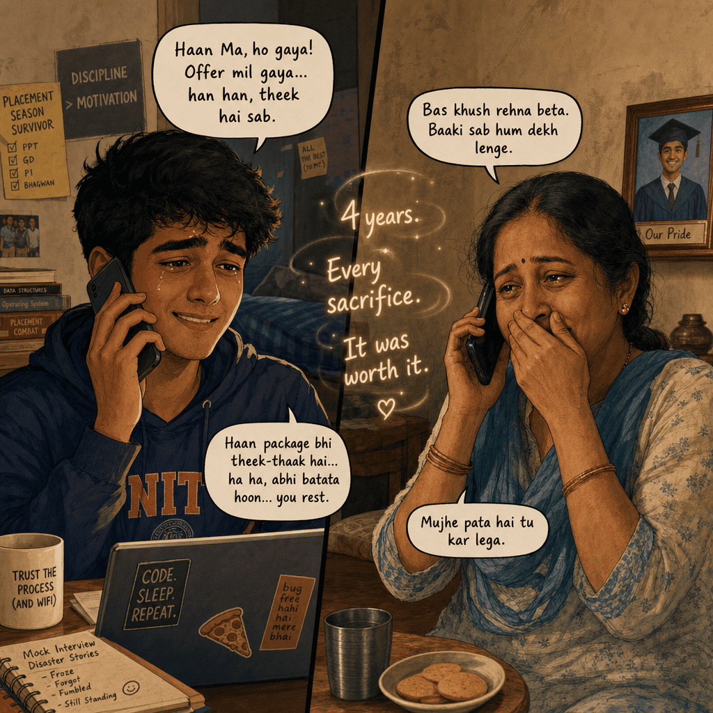 Split-panel illustration of a male Indian student calling his parent after receiving a placement offer, both emotional but understated, four years of sacrifice implied between them